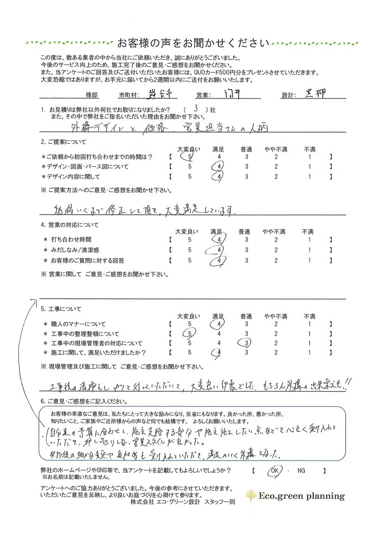 工事後の清掃もしっかり行っていただき、大変良い印象でした。もちろん外構の出来栄えも！！