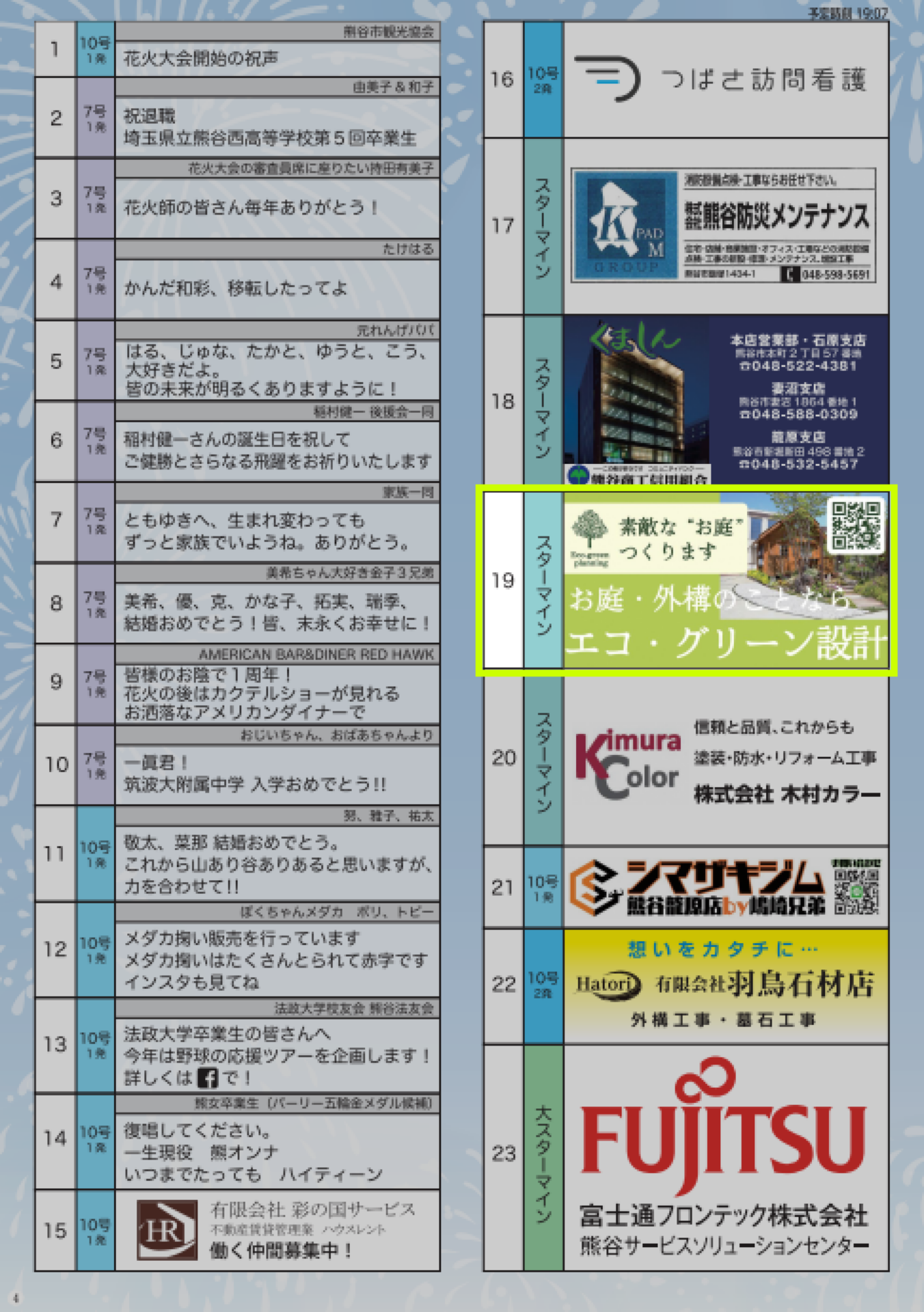 第72回熊谷花火大会のプログラムのエコ・グリーン設計広告掲載場所